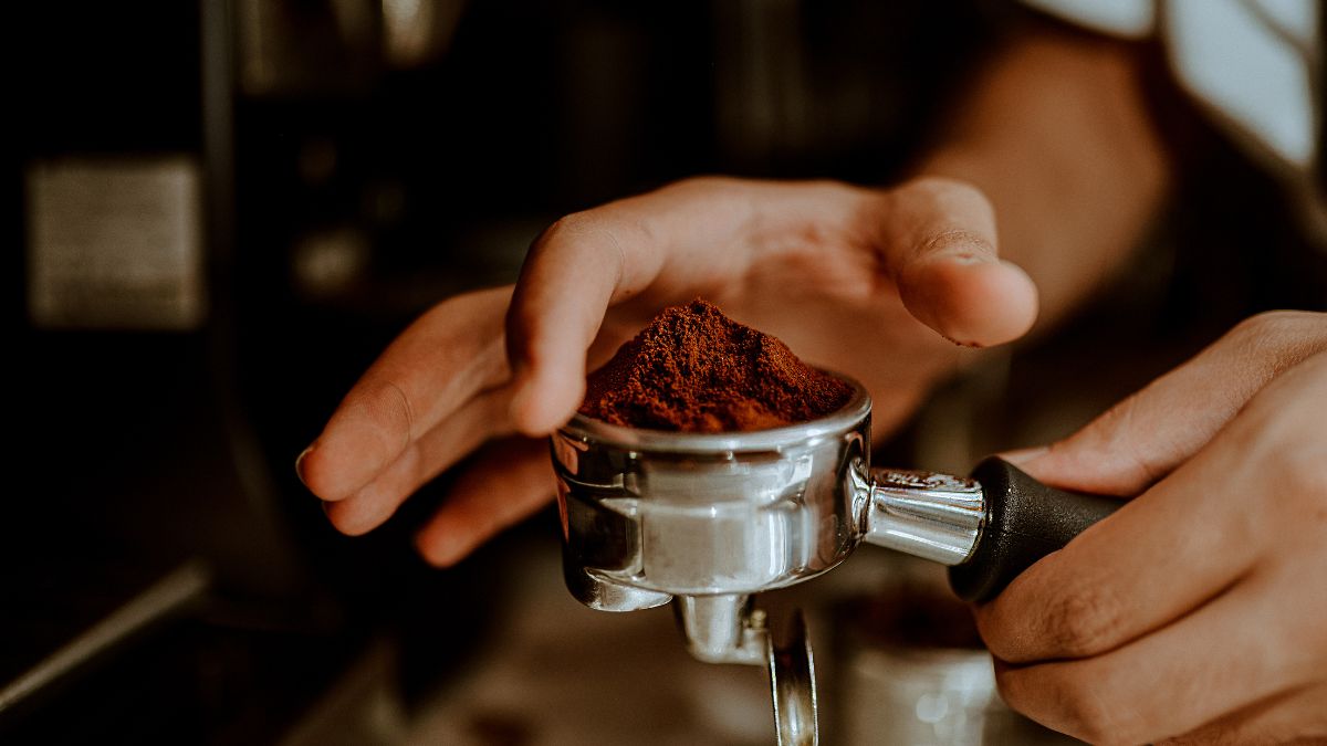 Kávépörköléshez előkészített őrölt kávé a barista kezében.