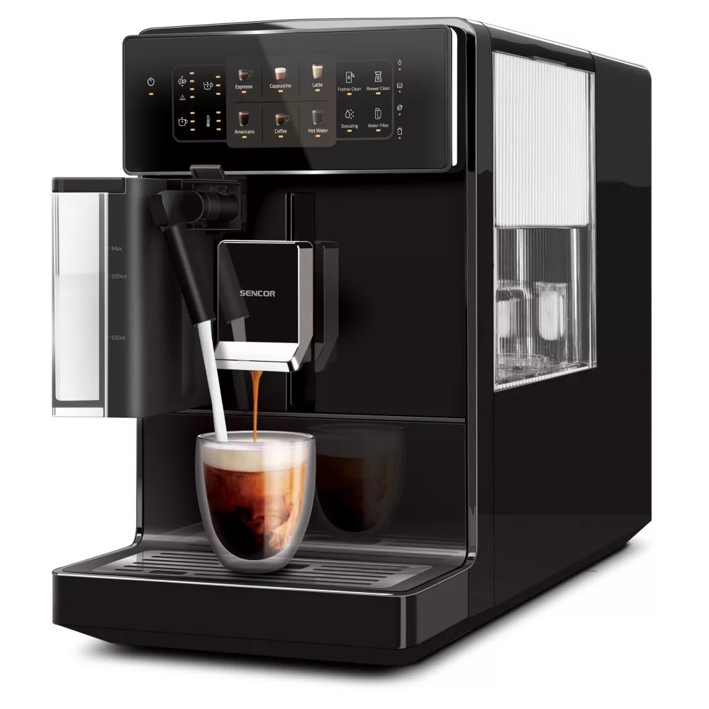 Sencor SES 9300BK automata kávéfőző, eszpresszó készítése közben egy átlátszó pohárban.