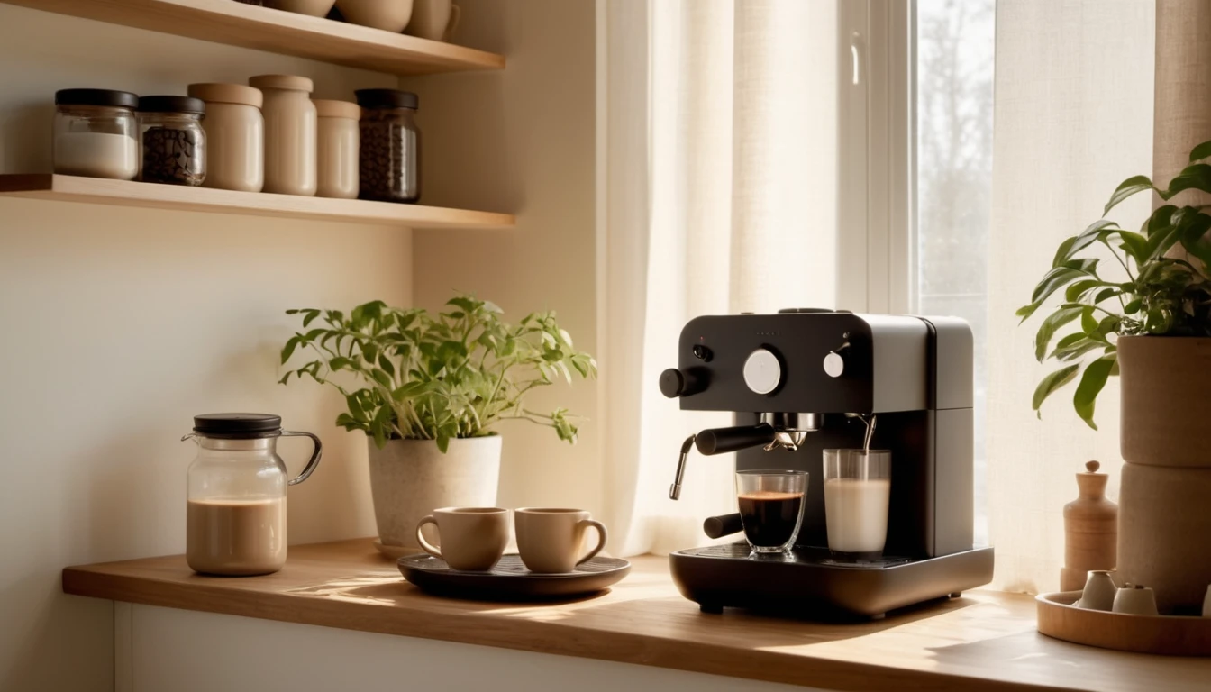 Egy modern kávéfőző, mellette csésze kávé és tej, zöld növényekkel díszített kávésarokban.