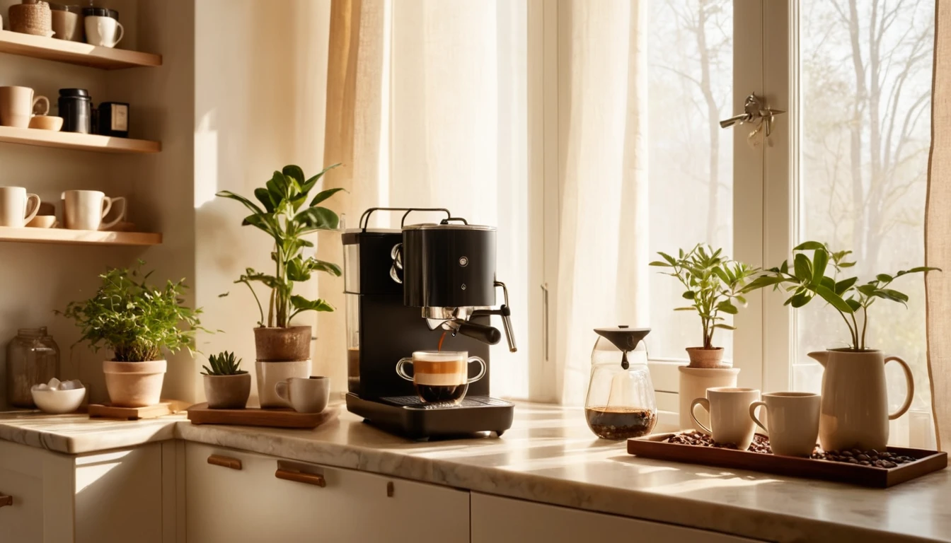 Egy modern kávéfőző, frissen főzött kávéval és növényekkel díszített kávésarok.