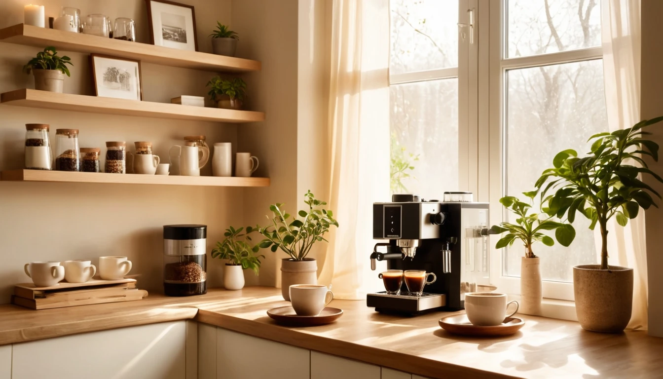 Egy otthoni kávésarok, modern kávéfőzővel, csészékkel és növényekkel.