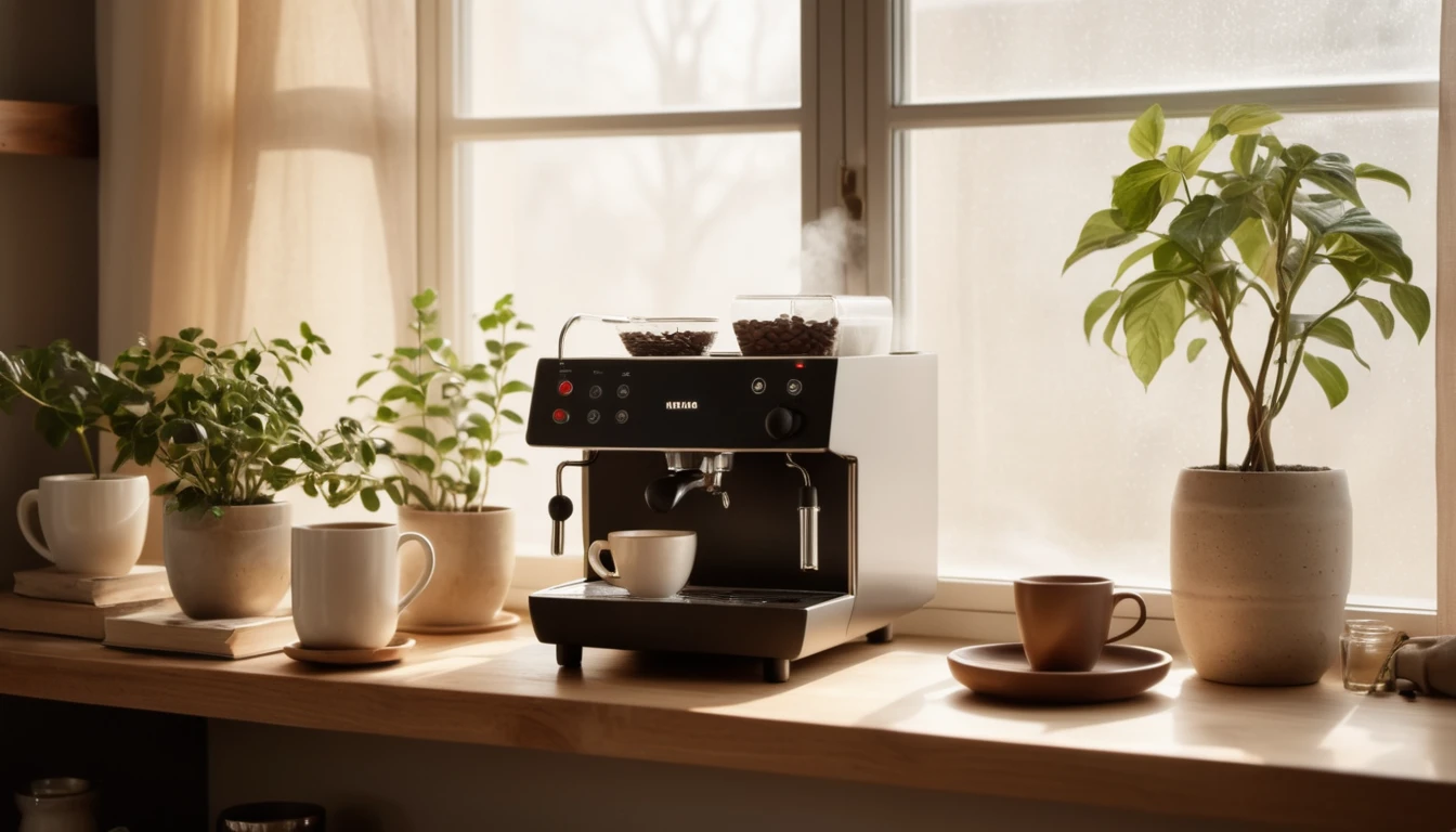 Egy modern kávéfőző, friss kávébabbal és növényekkel díszített kávésarok.