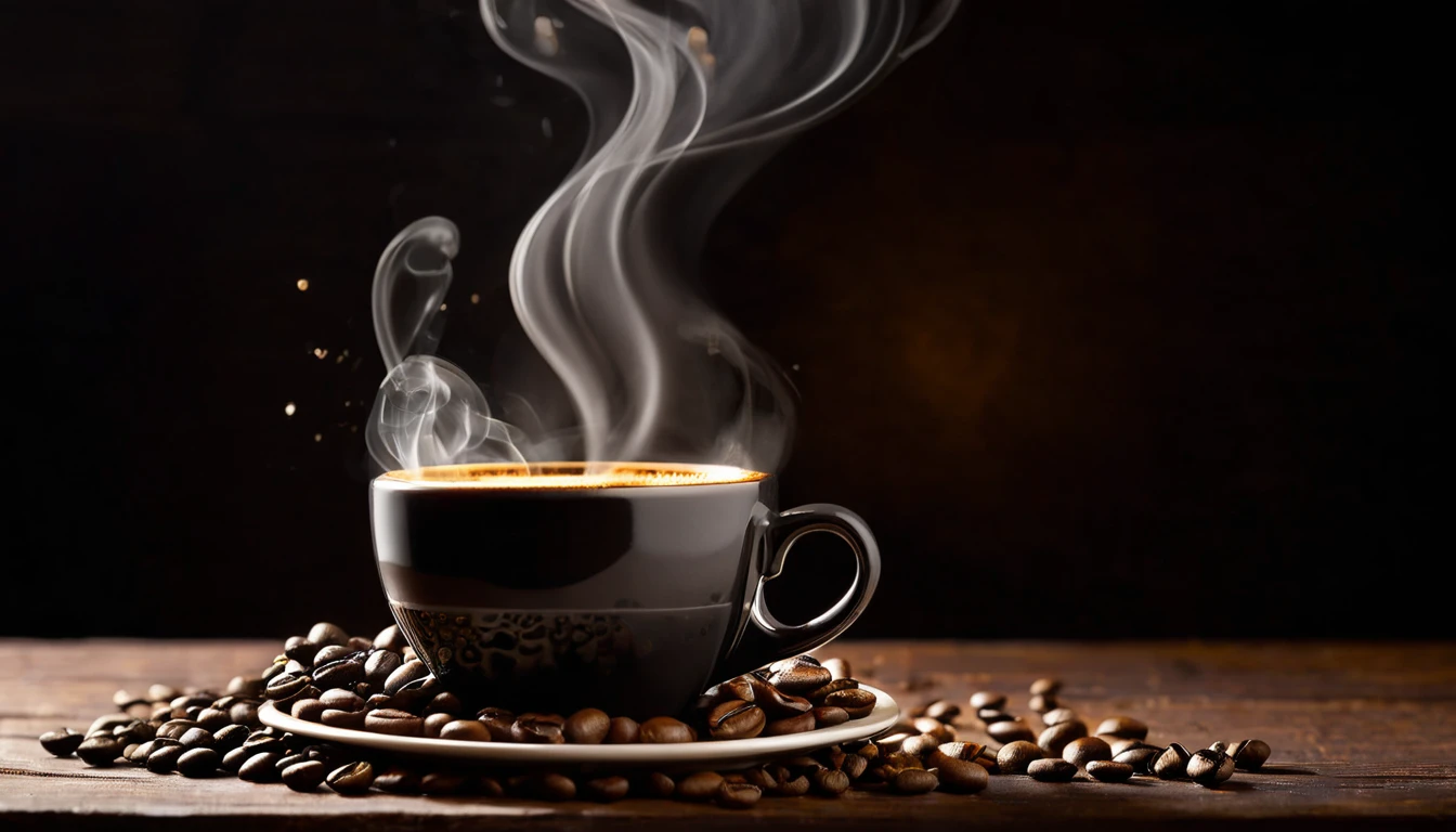 Fekete kávé gőzölög egy csészében, körülötte kávészemek.