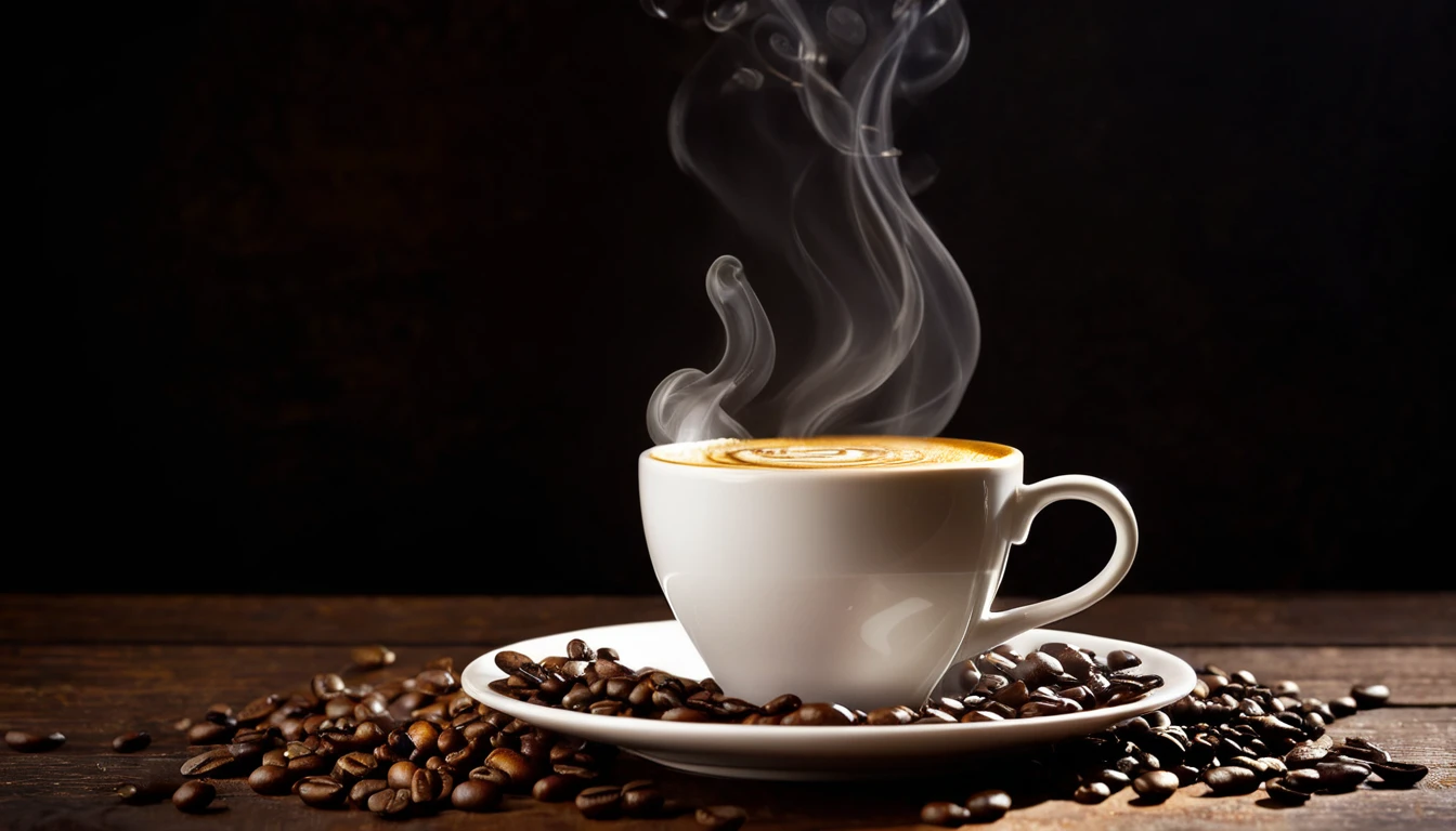 Gőzölgő kávéscsésze fekete háttér előtt, mellette kávészemek.