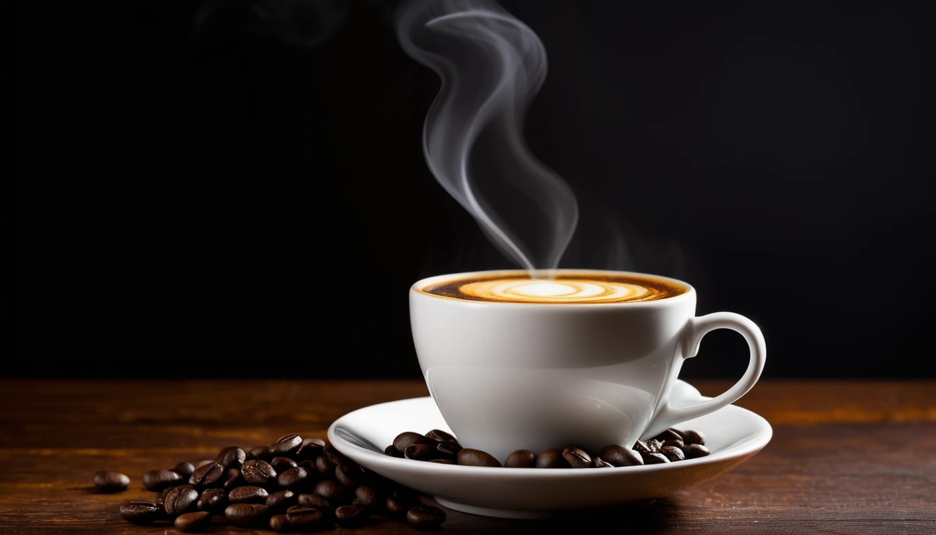 Gőzölgő kávé a csészében, mellette frissen pörkölt kávészemek.