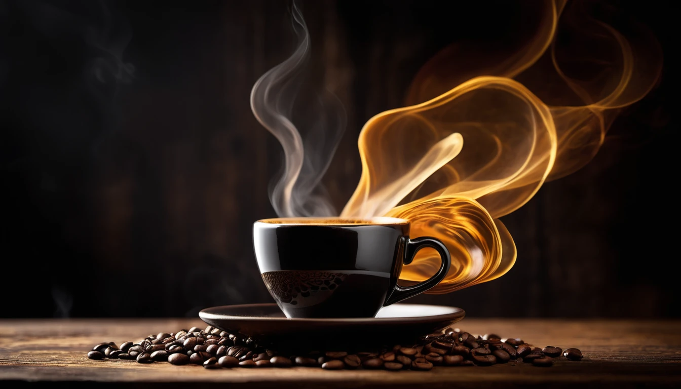 Fekete kávéscsésze gőzölgő itallal, pörkölt kávébabbal körülvéve.