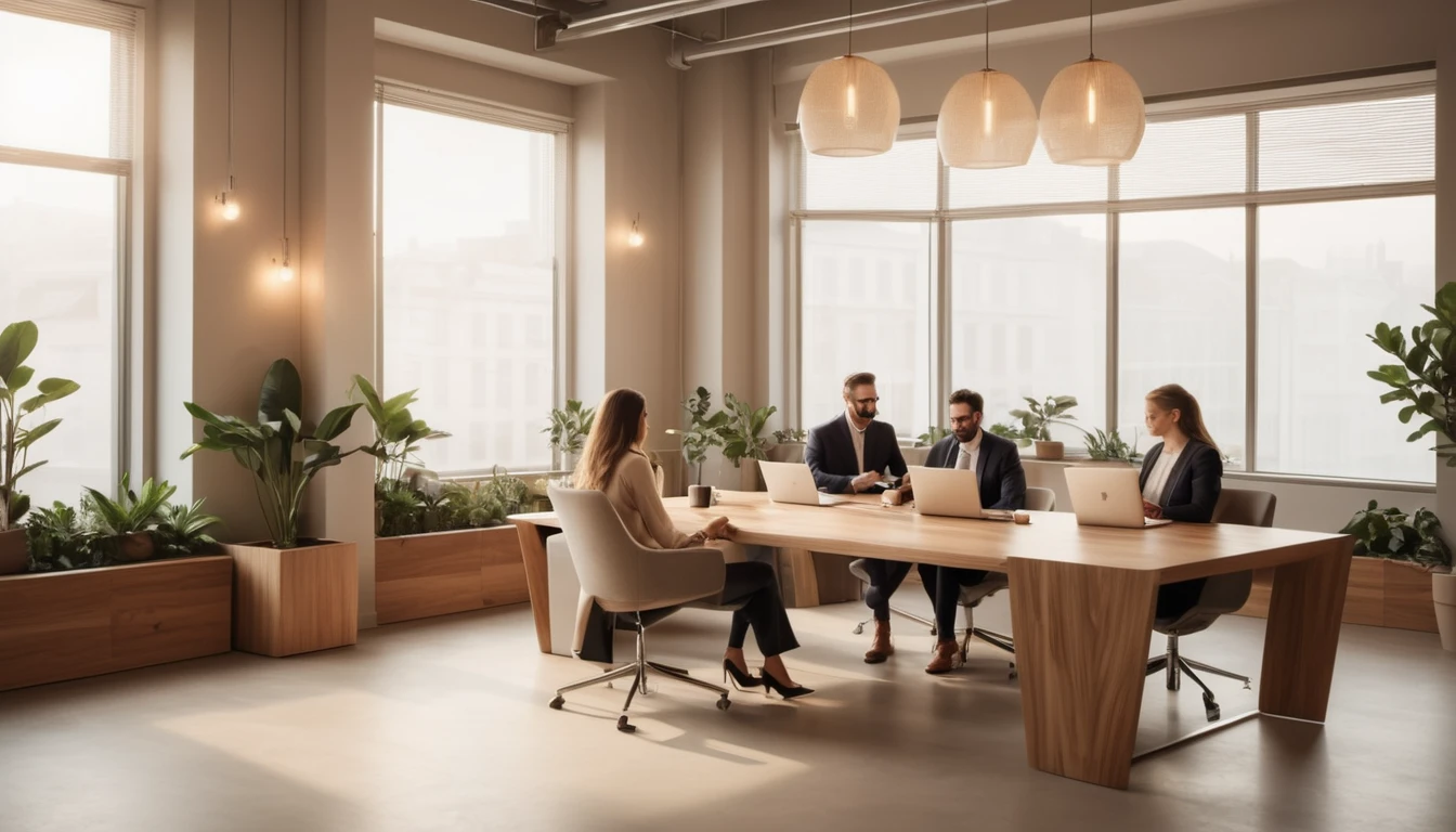 Modern irodai környezet, ahol négy ember kávé mellett dolgozik egy megbeszélésen.