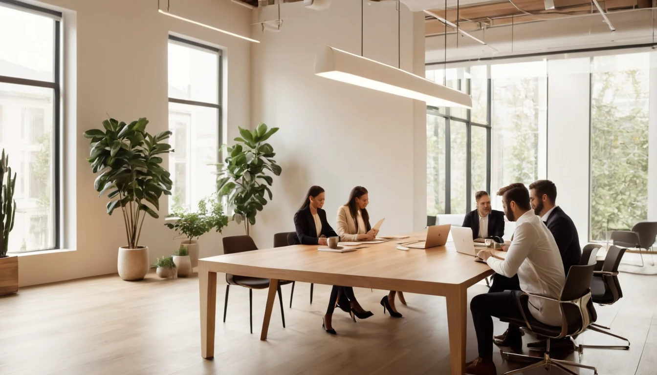 Modern irodai környezetben kávézó csapat meeting közben.