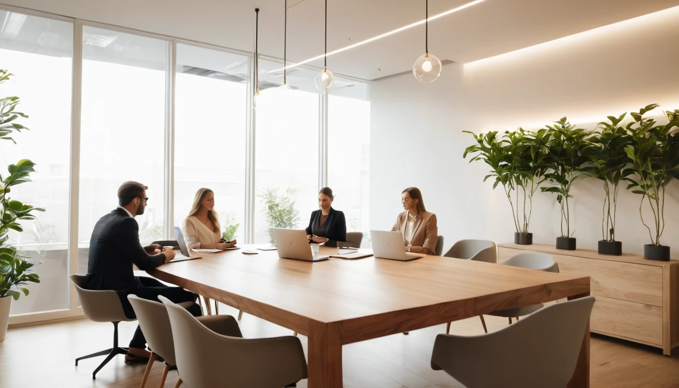Modern munkahelyi tárgyalóterem, ahol kávé mellett dolgoznak a résztvevők.