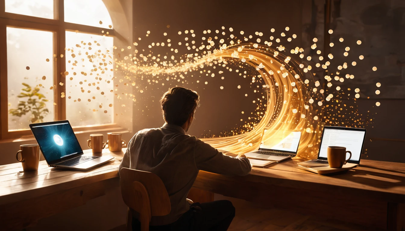 Egy férfi kávé mellett dolgozik laptopján, kreatív energia áramlik körülötte.