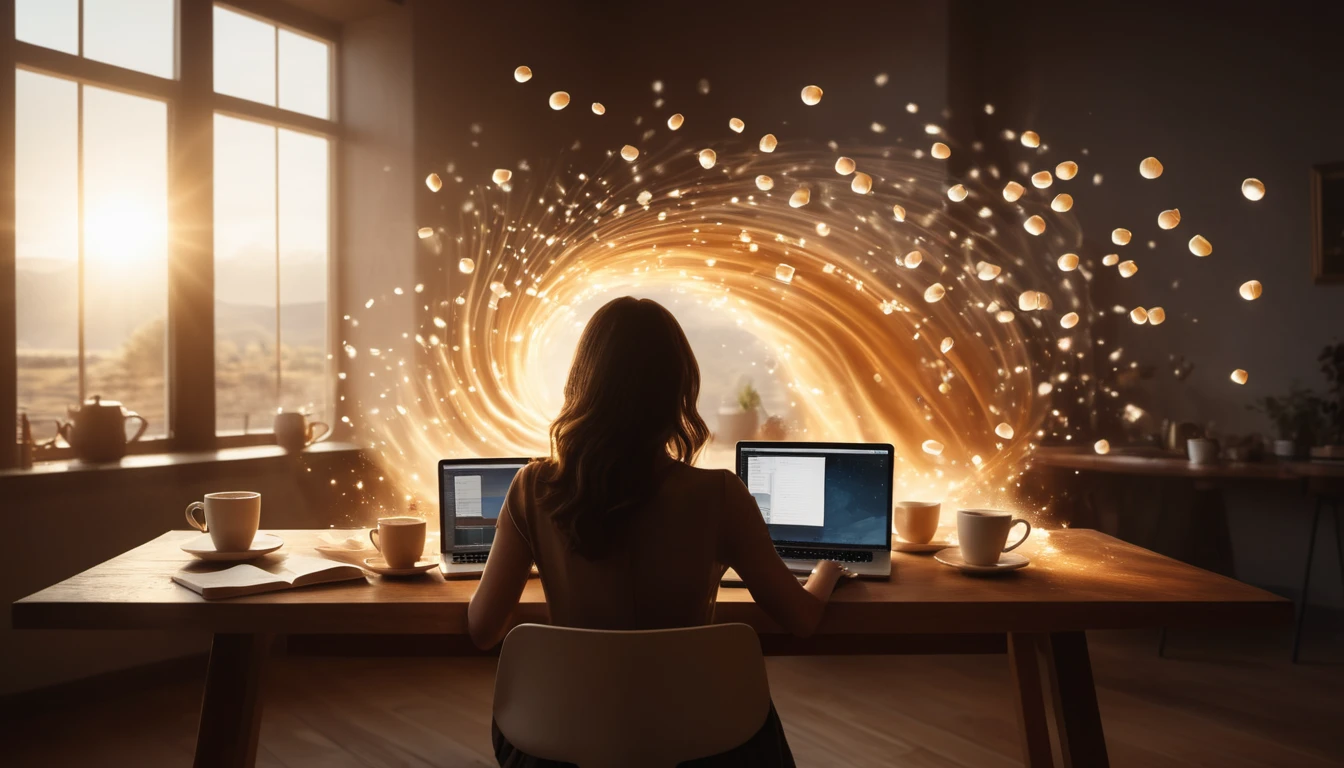 Egy nő dolgozik két laptop előtt, kávéval, kreatív energia áramlik körülötte.