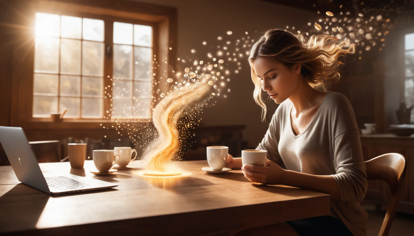 Egy nő kávét iszik, miközben varázslatos koffeinenergia áramlik körülötte.