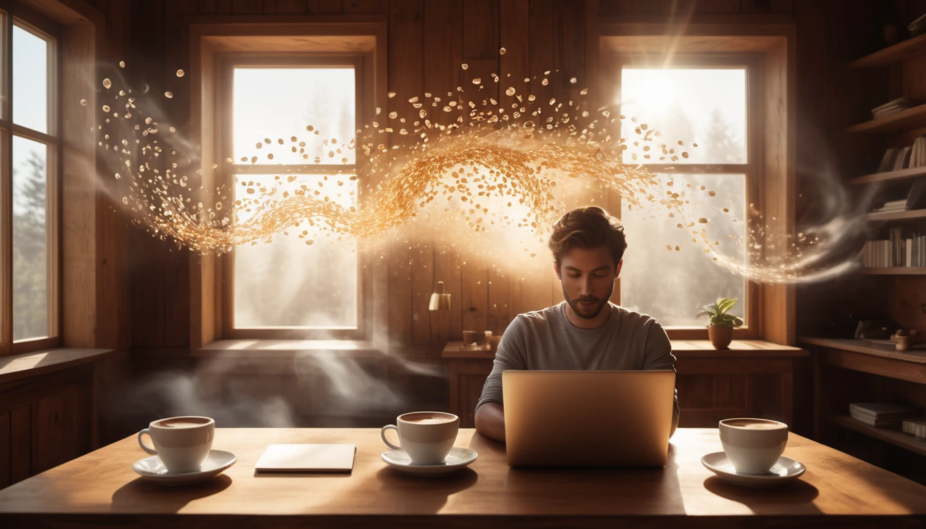 Egy fiatal férfi kávé mellett dolgozik laptopján, körülötte kávészemek lebegnek.