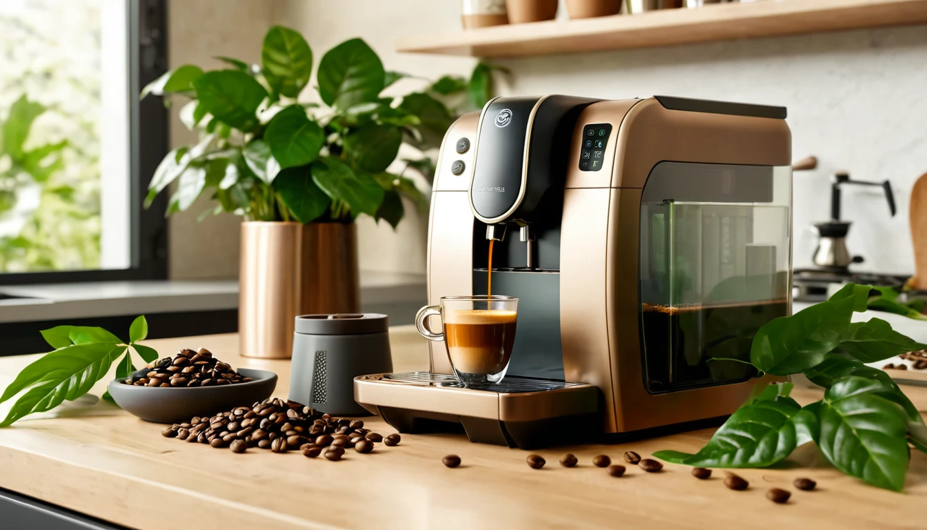 Modern kávéfőző, frissen főzött kávéval és kávészemekkel az asztalon.