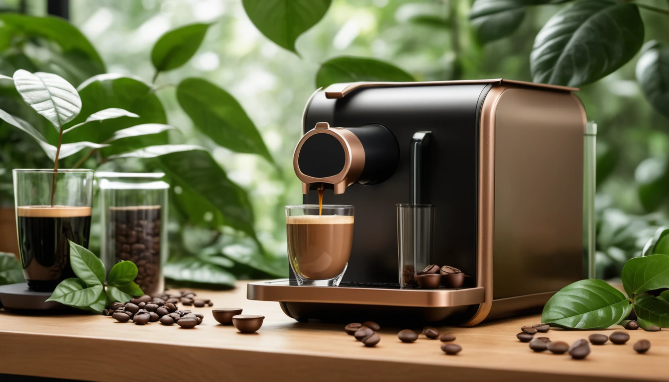 Kávéfőző, mellette kávészemek és üveg kávé, zöld növények között.