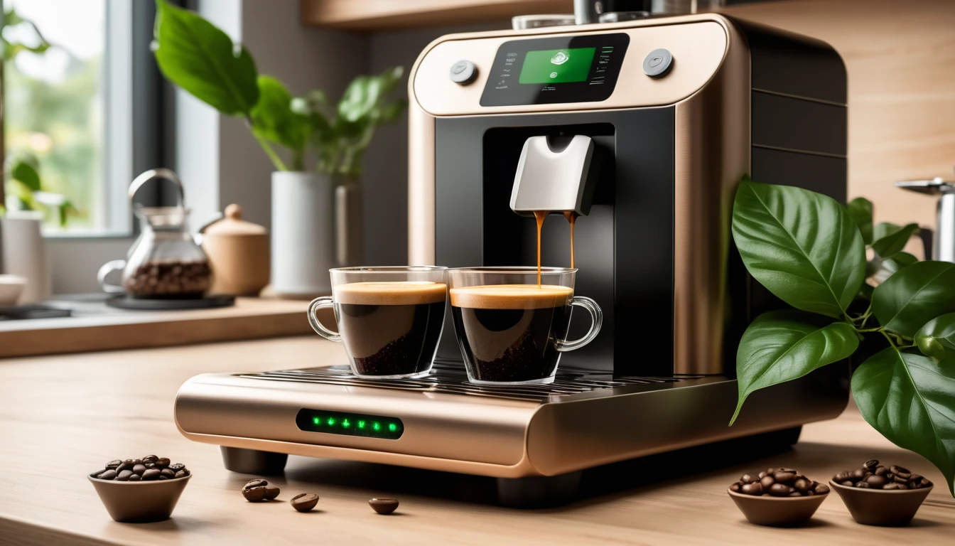 Két csésze frissen főzött kávé egy modern kapszulás kávégépből.