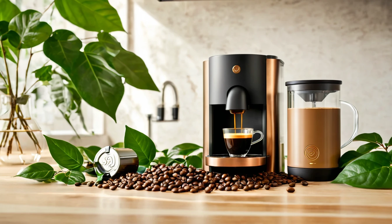 Kávéfőző, kávészemek és újrahasznosítható kapszula egy asztalon.