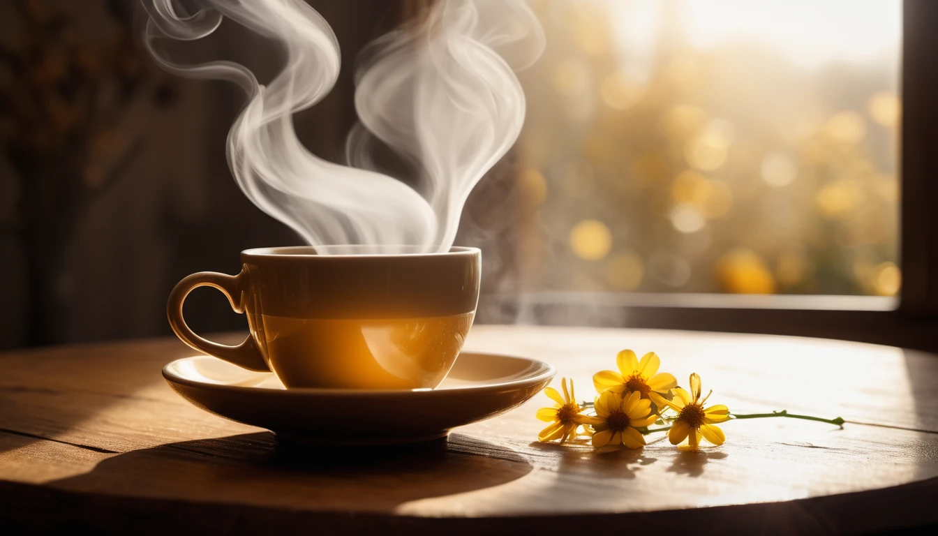 Frissen főzött kávé gőzölög egy csészében, mellette sárga virágokkal.