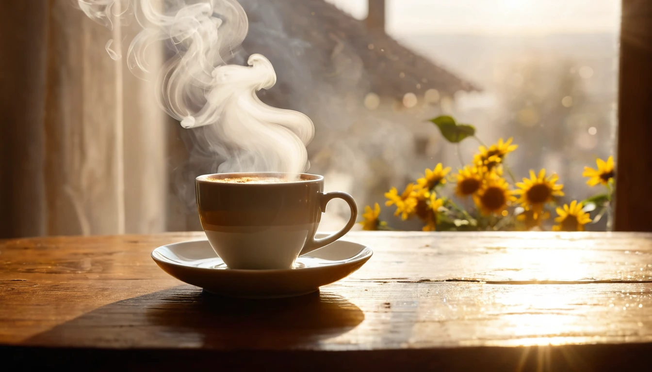 Frissen főzött kávé gőzölög egy fehér csészében, napfényben.
