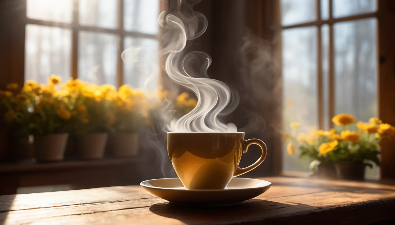 Frissen főzött kávé gőze emelkedik egy csészéből, virágokkal díszített ablak mellett.