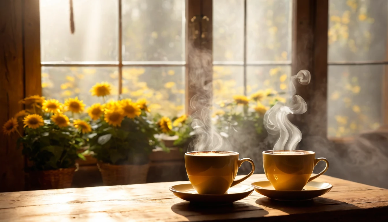 Két gőzölgő kávéscsésze áll egy fából készült asztalon, napfényben.