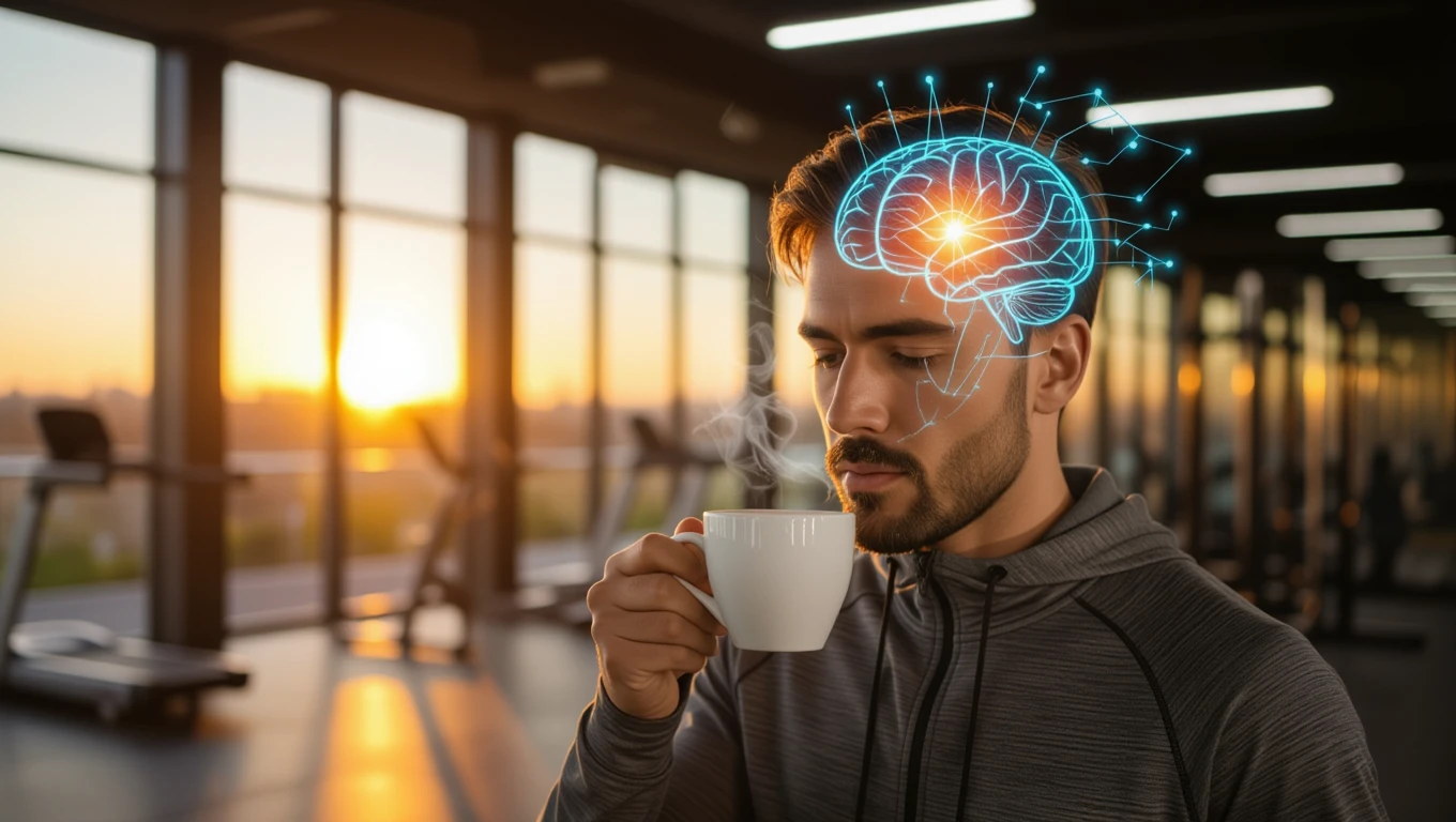 Egy férfi kávét iszik edzőteremben, a naplemente fényében.