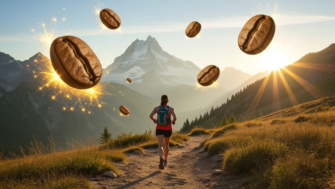 Futó nő a hegyekben, körülötte kávészemek lebegnek a napfényben.