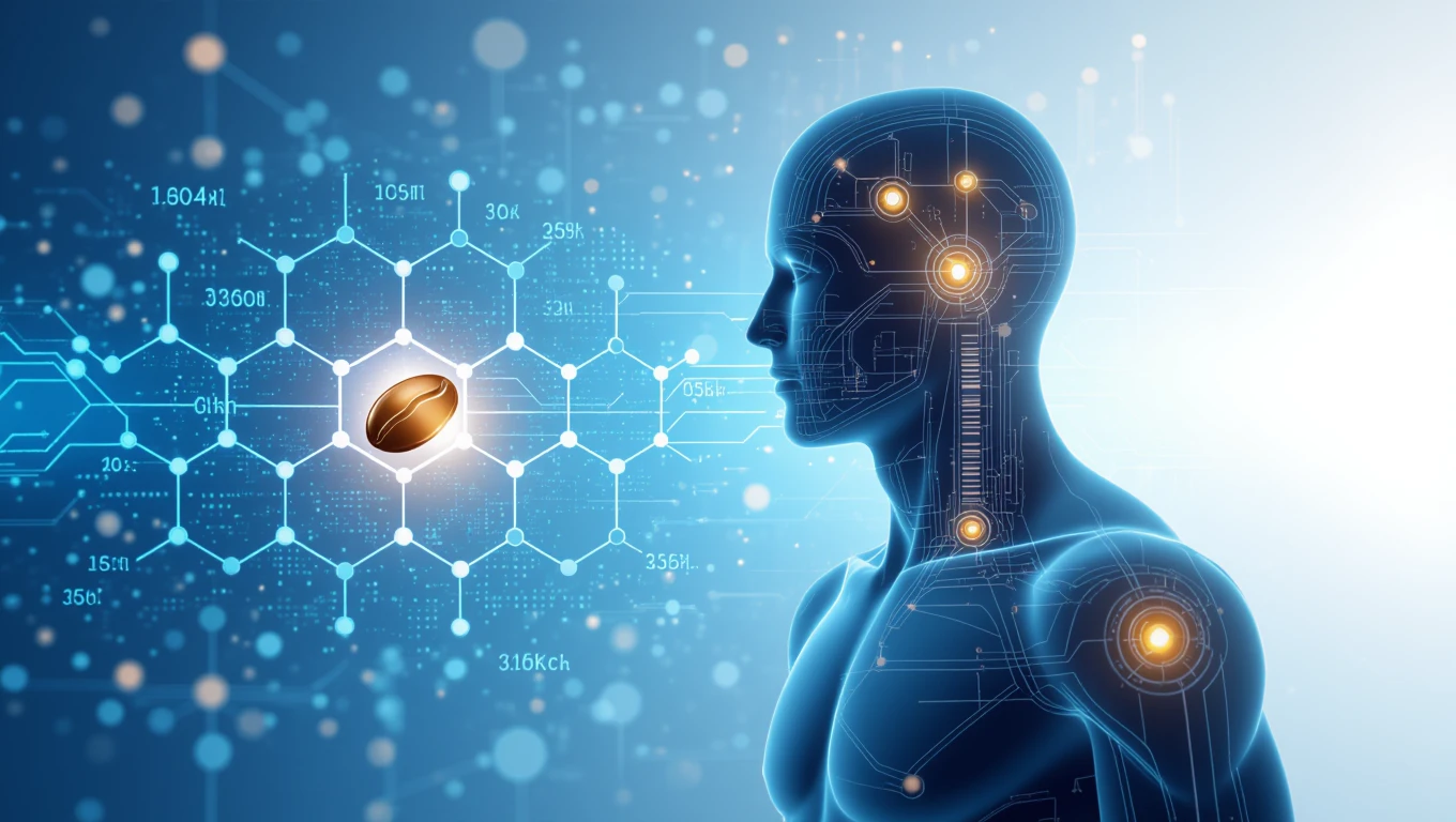 Egy emberi alak sziluettje, amely előtt egy kávészem lebeg, technológiai háttérrel.