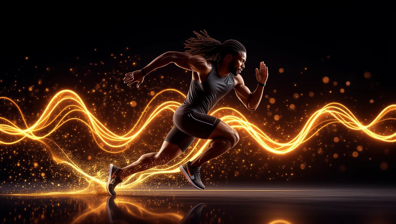 Futó sportoló dinamikus mozdulattal, energikus háttérrel.