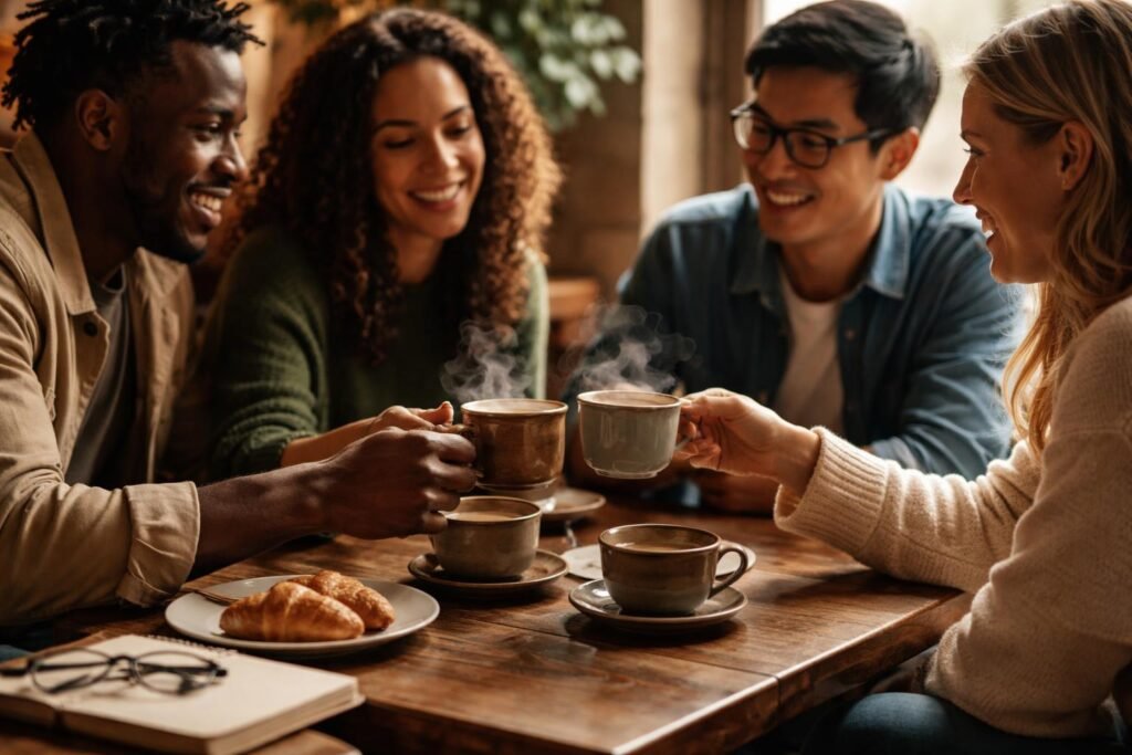 Emberek egy kávézó asztalnál ülnek, beszélgetés közben nevetve, és kicsi barátságos hangulat van a légkörben.