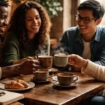 Emberek egy kávézó asztalnál ülnek, beszélgetés közben nevetve, és kicsi barátságos hangulat van a légkörben.