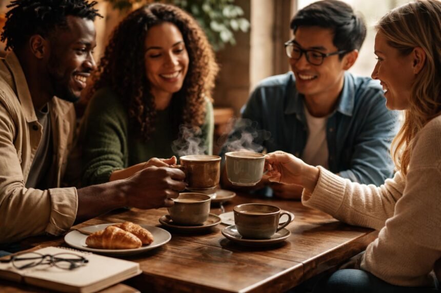 Emberek egy kávézó asztalnál ülnek, beszélgetés közben nevetve, és kicsi barátságos hangulat van a légkörben.