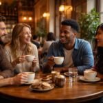 Egy kávézó asztalánál ülő társaság, baráti beszélgetések meleg fénye és története