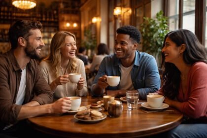 Egy kávézó asztalánál ülő társaság, baráti beszélgetések meleg fénye és története