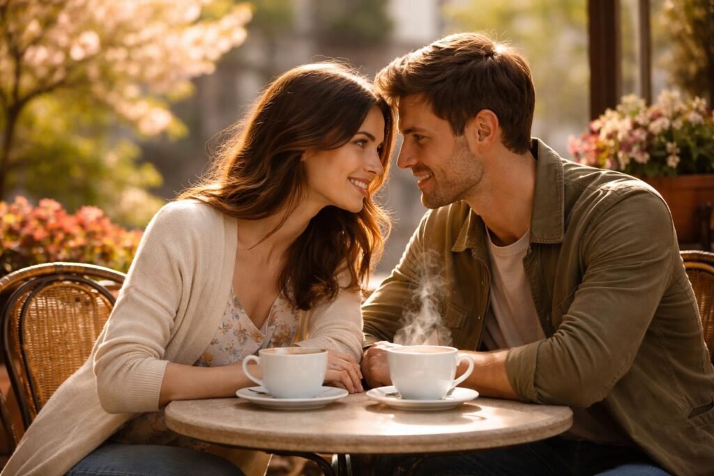 Két ember beszélget kávé mellett, a tavasz fénye megnyugtató hangulatot teremt.