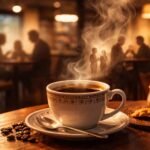 Kéz a kávéscsészére simulva, otthonos és modern kávézó atmoszférában, beszélgetések közepette.