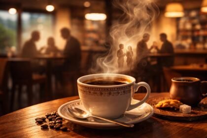 Kéz a kávéscsészére simulva, otthonos és modern kávézó atmoszférában, beszélgetések közepette.