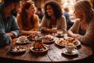 Közösségi kávéházi jelenet illatokkal, beszélgetéssel, mozdulatokkal és hagyományos rituálékkal, mély kapcsolatokra utalva