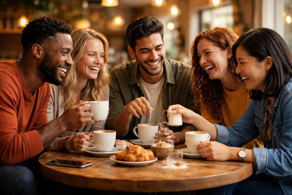 - Baráti kávézás meleg közösséget teremt és erősíti a kötelékeket közös beszélgetéssel és mosollyal.