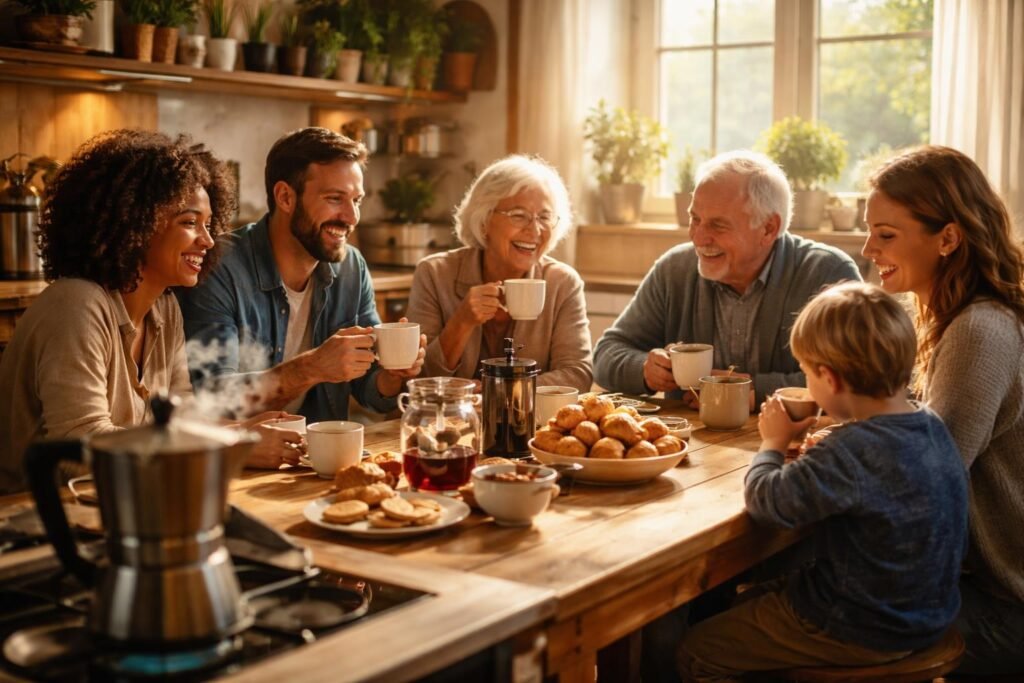 Kávéillat és beszélgetés képezi a közösségi hagyományok élő kötődését a barátságokban.