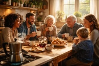 Kávéillat és beszélgetés képezi a közösségi hagyományok élő kötődését a barátságokban.