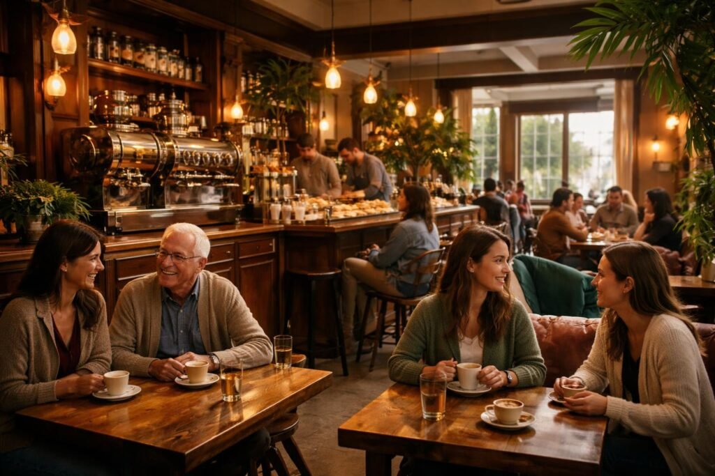 Hangulatos kávéház belső terét mutató kép, baráti beszélgetés és közösség.