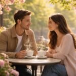 Tavaszi kávéhívás, emberek beszélgetnek a teraszon, puha fény, mosolygó arcok.