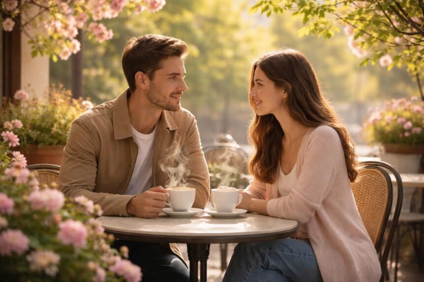 Tavaszi kávézás és kapcsolatok: hogyan hoz közelebb egymáshoz egy közös kávé? 51 Tavaszi kávéhívás, emberek beszélgetnek a teraszon, puha fény, mosolygó arcok.