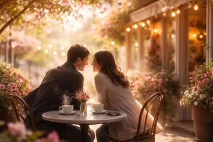 - Kávézó terasz tavaszias fényben, emberek beszélgetnek közelebb és mosolyognak barátságosan.