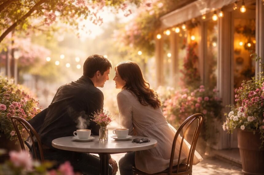 - Kávézó terasz tavaszias fényben, emberek beszélgetnek közelebb és mosolyognak barátságosan.