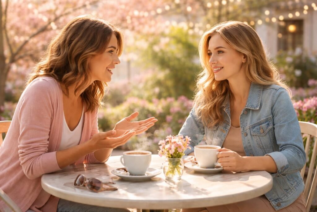 Pár beszélget a hangulatos kávézóban, tavaszi fényben, mosolyogva, közben finom kávéillat leng.